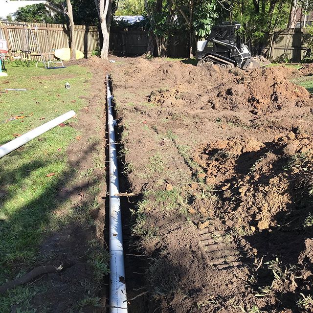 Solid day on shovel today! Finishing up on dark! 
Laid approximately 80 lineal meters of new storm water drainage with a council approved rubble pit at the end.
The old storm water system was completely blocked with tree roots requiring a full upgrad