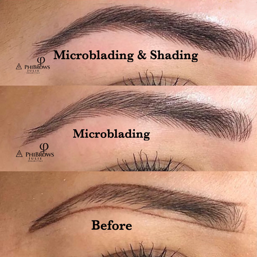 Microblading in a deep ash-brown turns a brow that was sparse at the front into a full, natural arch of fine strokes. Shading layered in adds depth through the body and a crisper, more defined tail.