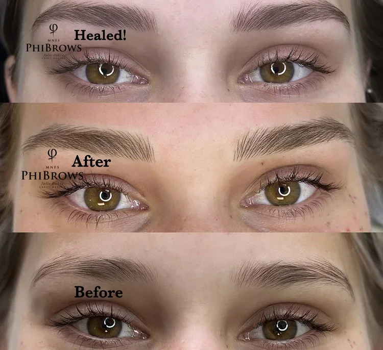 Before treatment, freshly completed brows, and healed brow results by Julie at Duluth Microblading Studio.