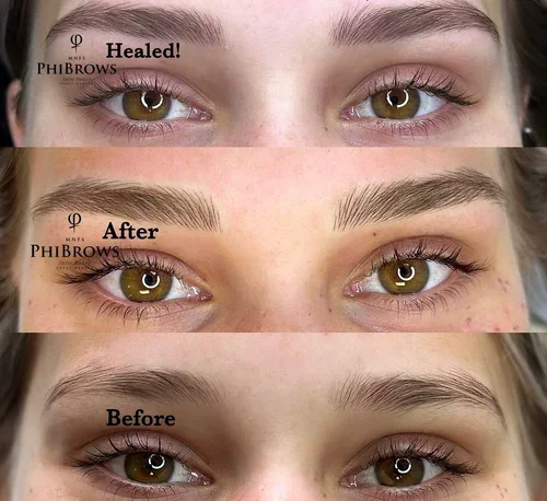 Microblading healed result, fresh result, and brows before treatment.