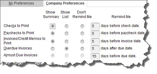 QuickBooks lets you specify the content and timing of your Reminders .