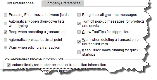 Open the Edit menu and select Preferences, then General to open this window. Everyone who uses QuickBooks can set up their Preferences here, but only the administrator can modify Company Preferences.