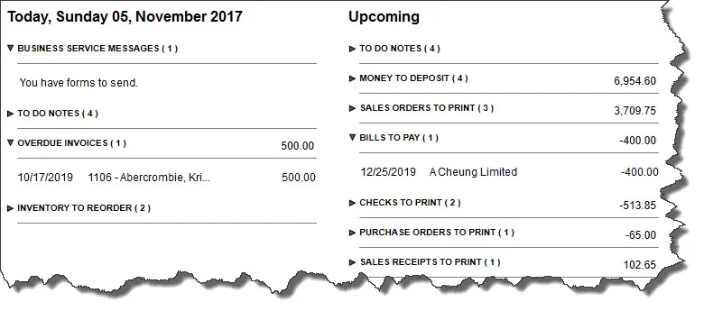 QuickBooks’ Reminders window displays the tasks you need to do today and in the near future. You can click the arrows to the left of each boldfaced category to expand or collapse the list.