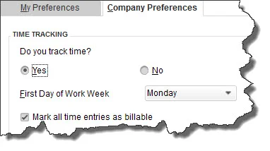 The Company Preferences window for Time & Expenses displays multiple options.