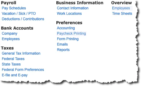 QuickBooks Online’s Payroll Settings screen displays links to the pages where you’ll manage your setup tasks.