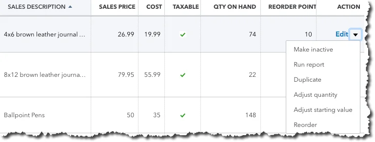 Once you create a record for an item or service, it will appear in this table.