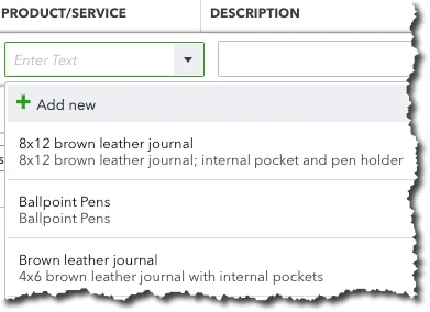 When you create a sales or purchase form, you’ll be able to select the appropriate product or service from the drop-down list – or add a new one. 