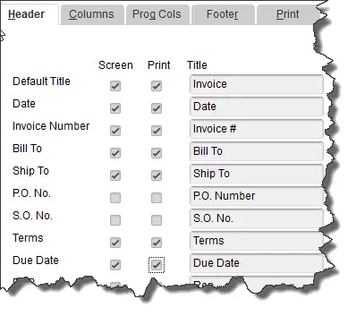 With the Header column highlighted, you can shape the appearance of the top section of your invoices