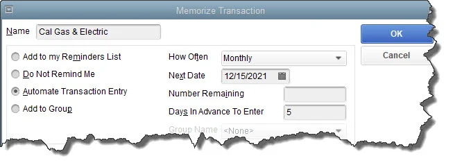 Once you’ve created a transaction template, you’ll have to complete the fields in this window to memorize it correctly.