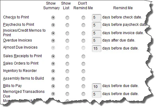 If you want Reminders for memorized transactions, you’ll need to tell QuickBooks what your Preferences are.