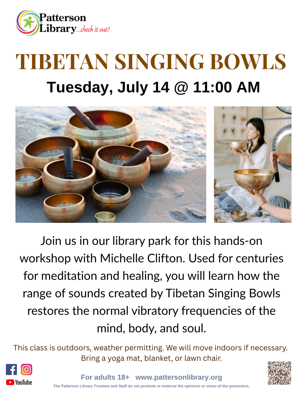Tibetan Singing Bowls with Michelle - Patterson, NY Library - 11am - July 14, 2026