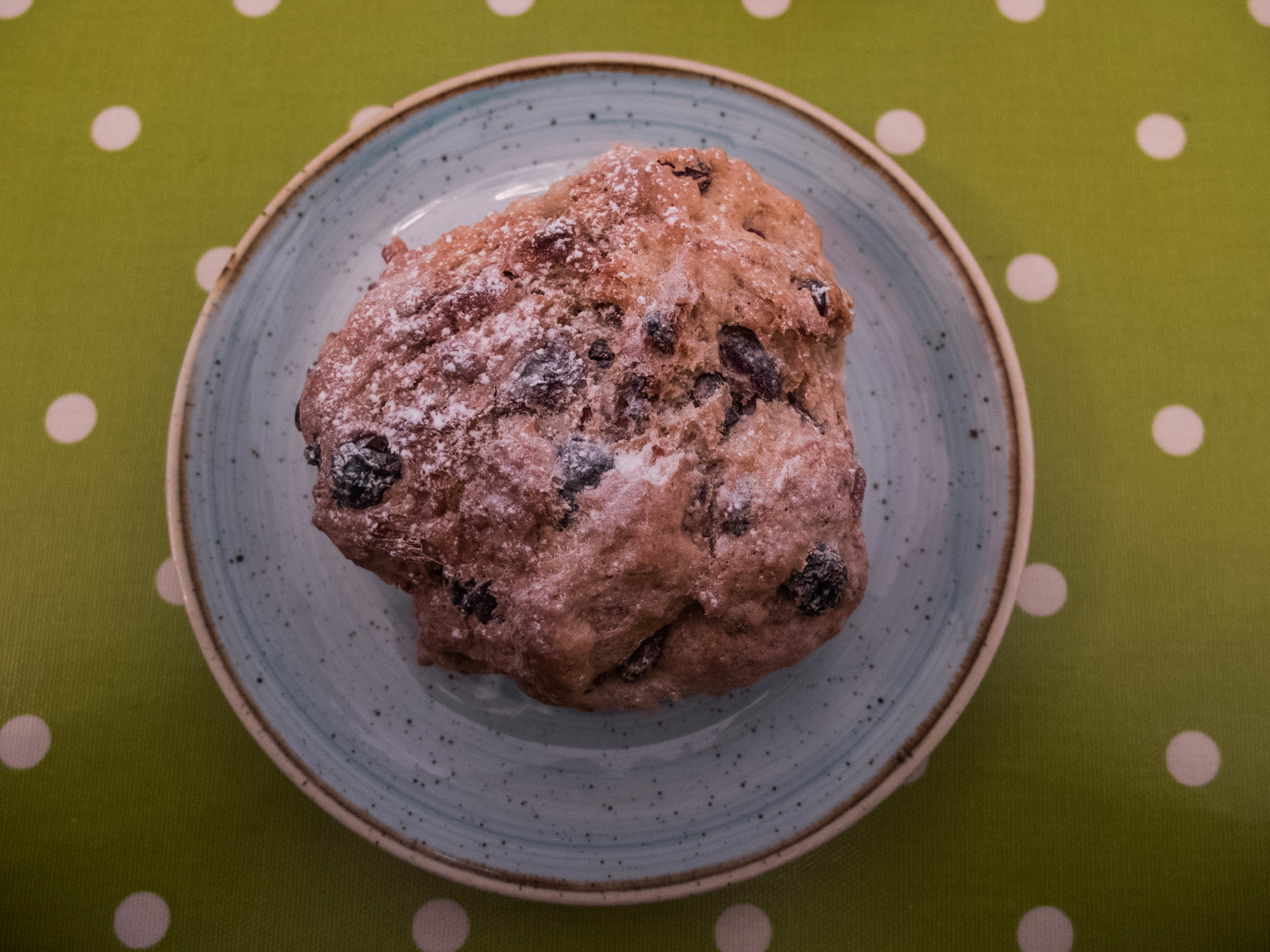  A large home-made fruit scone dusted with fine sugar. 