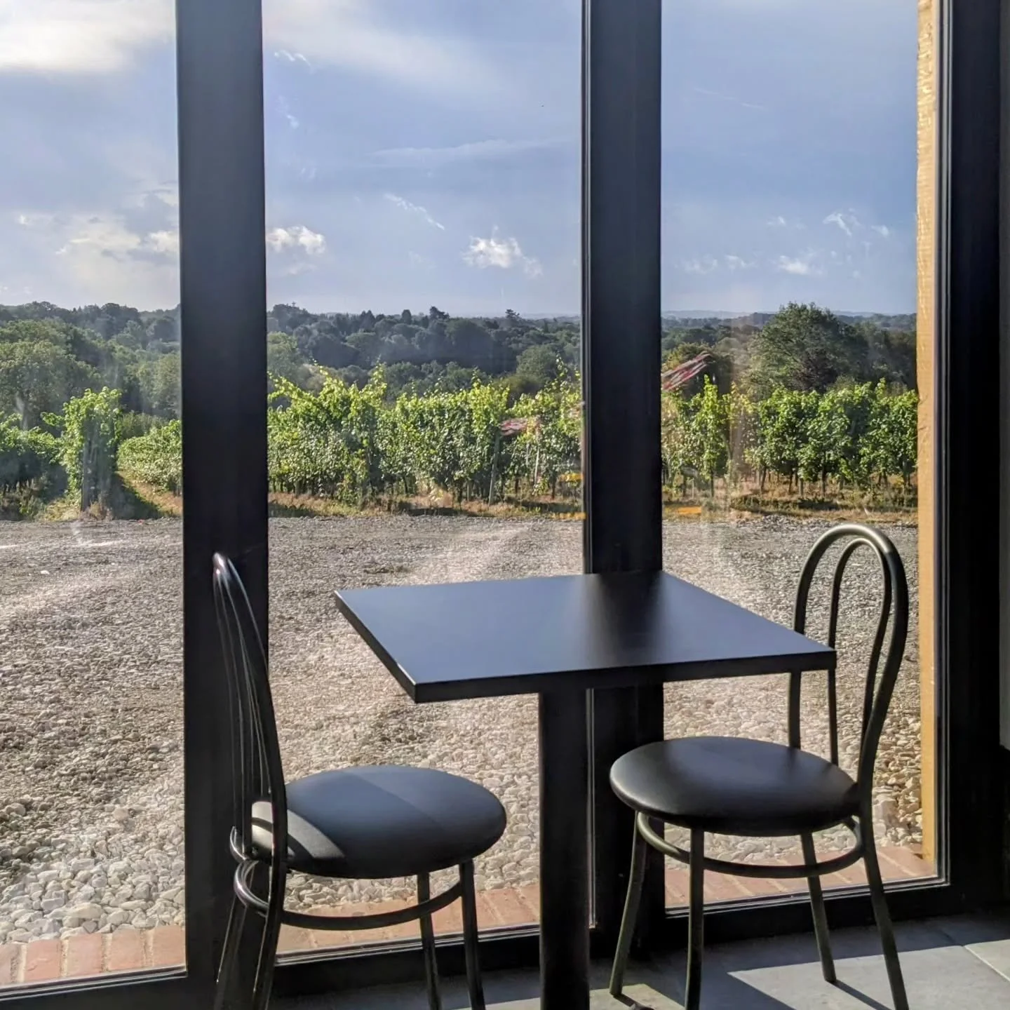 Coffee with a view! The sun is streaming through the windows and the vines are looking glorious. Open till 6pm today for lunches with really tasty local suppliers' cheeses, deli meat and salmon platters &amp; paninis, coffee/teas and homemade treats 