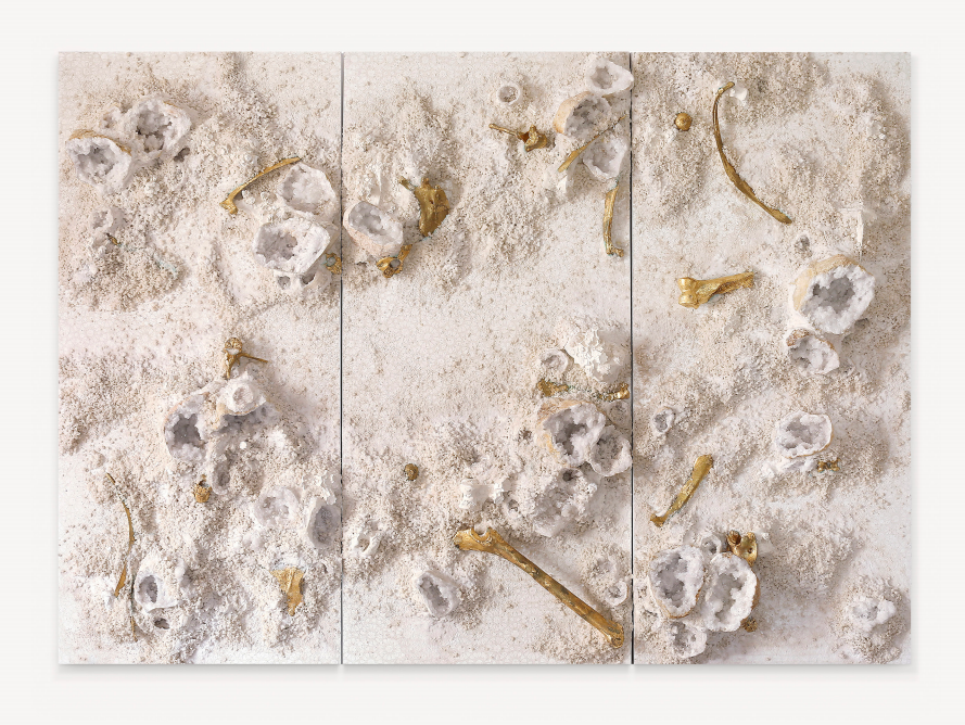 White and Gold Trio #1, 2017 acrylic paint, gold leaf, minerals, camel remains, salt and gravel on wood panel Triptych: 71.6 x 98 in | 182 x 249 cm