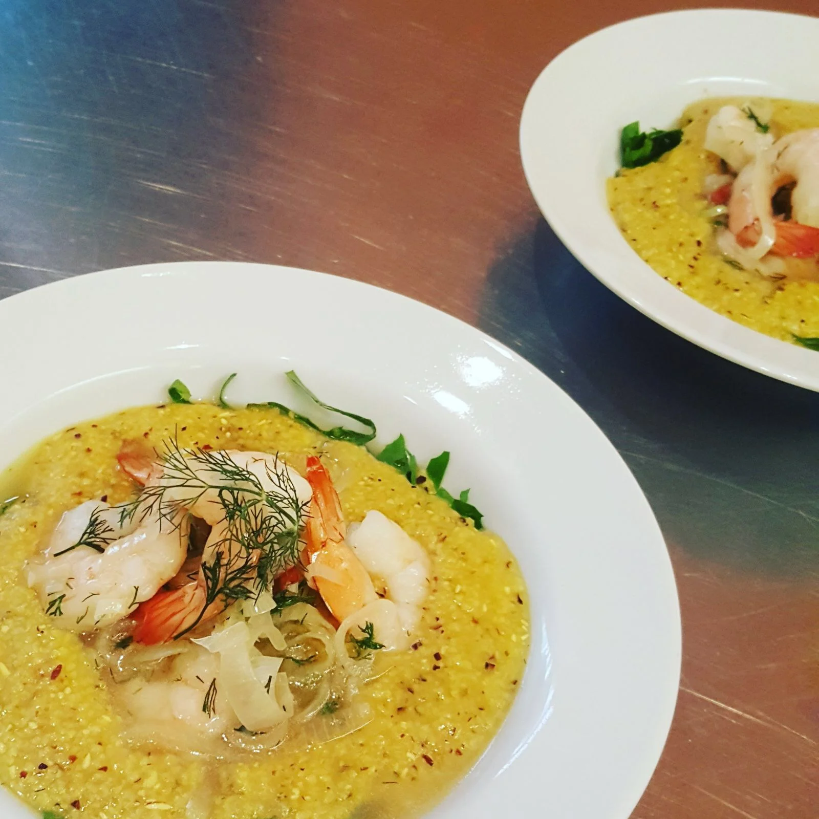 turmeric grits + greens (plus some shrimp)