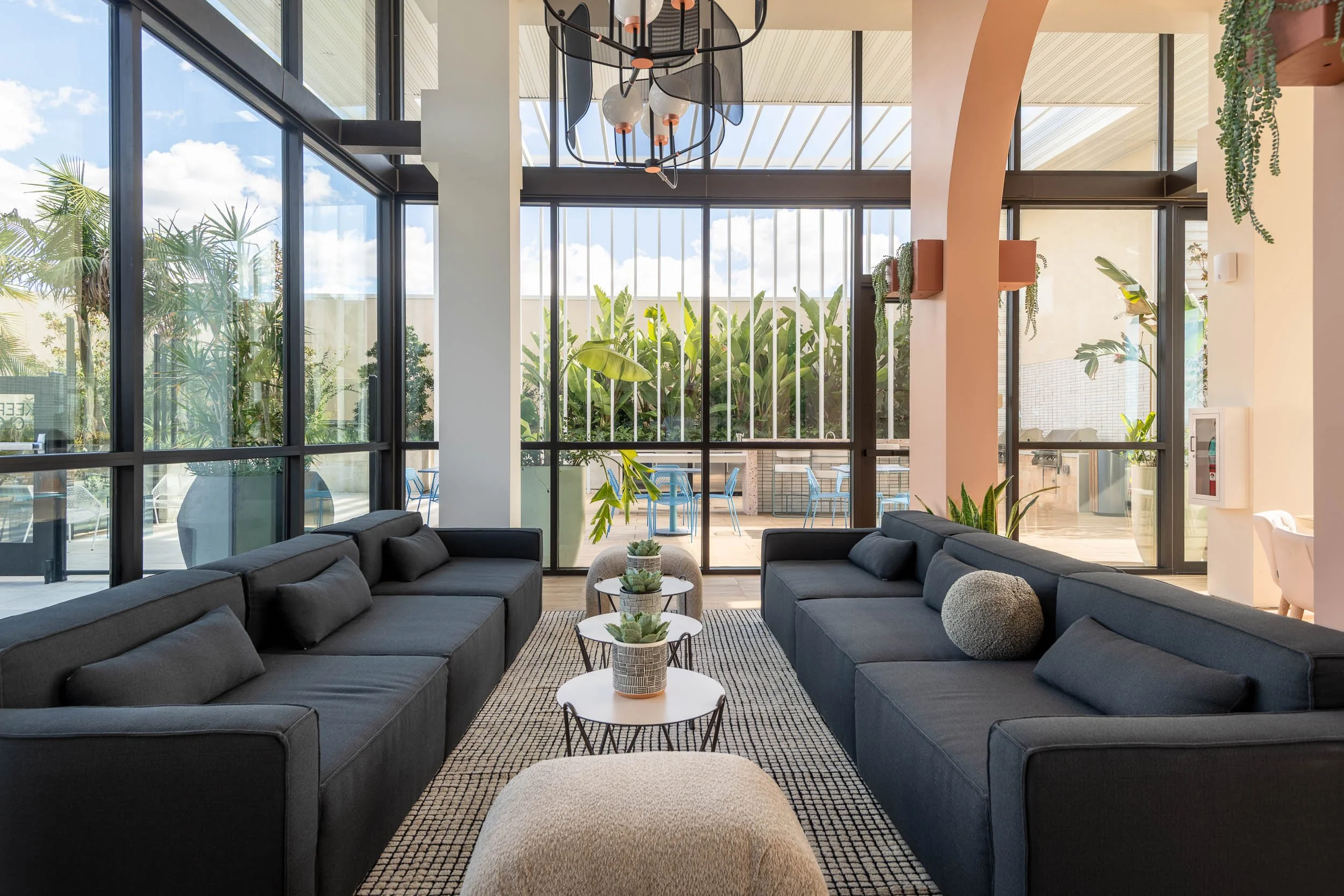Modern Los Angeles apartment building exterior at sunset
