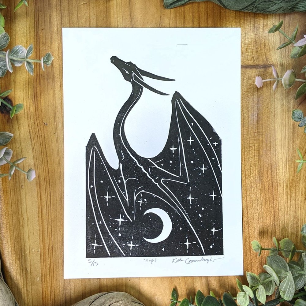 Adventure In the Fern limited edition lino cut block print black on white  dragon art — Art of Katie Croonenberghs