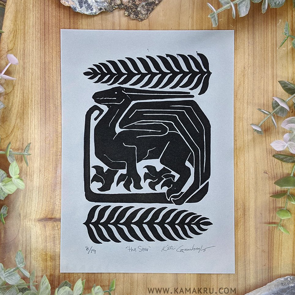 Adventure In the Fern limited edition lino cut block print black on white  dragon art — Art of Katie Croonenberghs