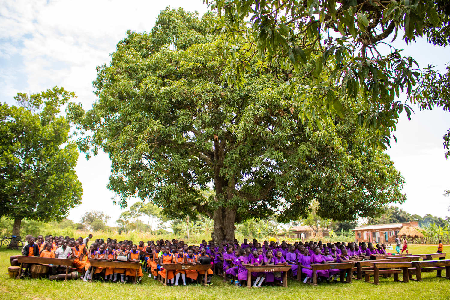 The students of Kivule (left) and Kigalama (right) wait anxiously for the start of the exhibition. With their parents, teachers, and even government representatives sitting across from them, they are eager to demonstrate the knowledge they've gained from the Life Skills curriculum.