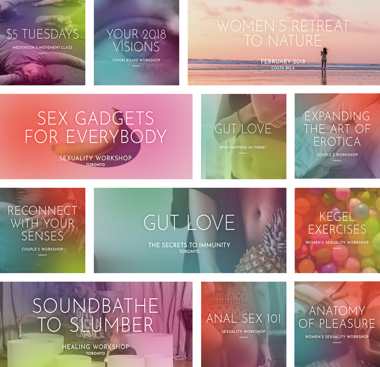 Banners and promo images for a wide variety of workshops and classes. The colours correspond to a "pillar" of self care (e.g. physical, spiritual, social) so people can get a read on the vibe of the event.