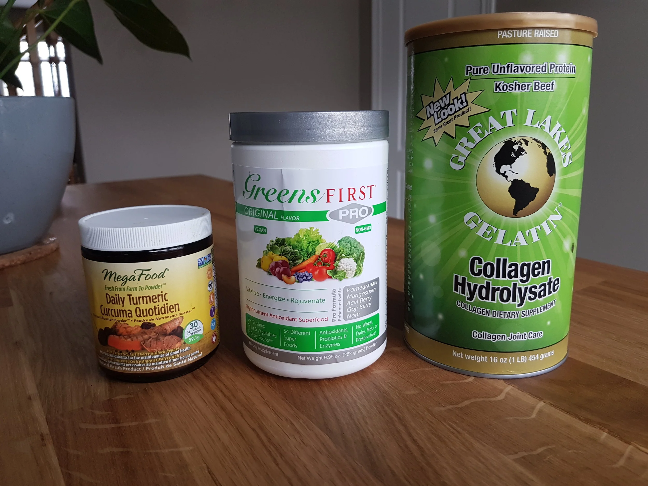 turmeric, greens supplement, hydrolyzed collagen