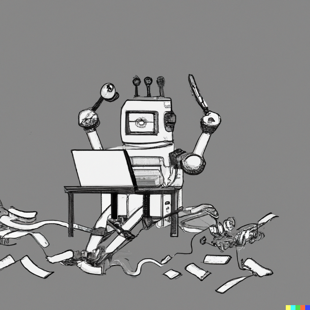 DALL·E 2023-03-24 17.38.42 - a minimalist image of a robot working on multiple research projects. Line art. Grey background. .png