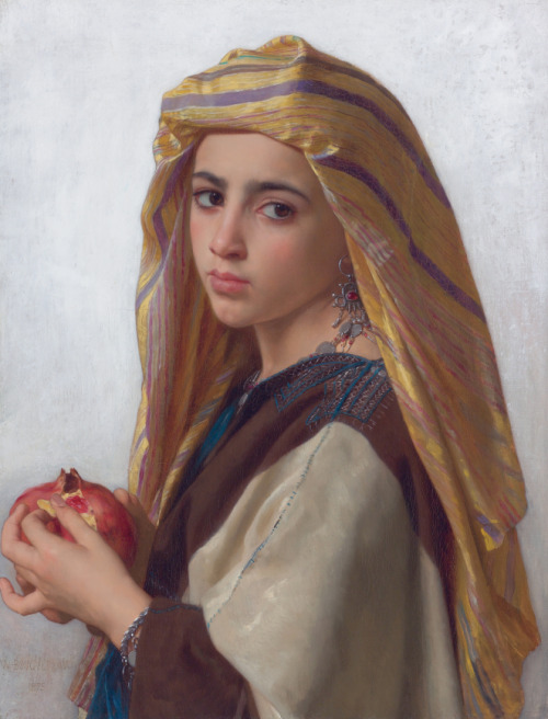 Link to Wikimedia Commons page for “Girl with a Pomegranate” by William Bouguereau . The pomegranate connects to the classical Greek myth of Persephone as well as not being excluded by the Bible as a possibility for the forbidden fruit whose consumption constituted original sin.
