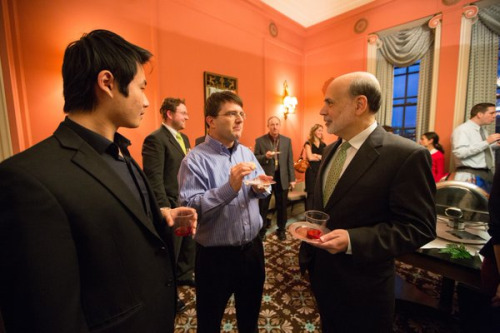 Photo of Miles telling Yang Liu and Ben Bernanke how good the hors d’oeuvres are and how to eliminate the zero lower bound when Ben Bernanke came to give a talk at the University of Michigan on January 14, 2013
