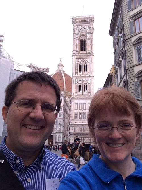 Link to Gail’s blog on Tumblr: gailkimball.tumblr.com . Photo of Miles and Gail in front of the Basilica di Santa Maria del Fiore in Florence.