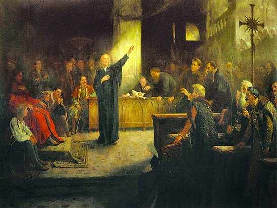 Ferenc Dávid holding his speech at the Diet of Torda in 1568, (today Turda , Romania ) when the Unitarian Church was recognized legally by the Transylvanian Diet. By Aladár Körösfői-Kriesch (1896) Link to the Wikipedia article “Unitarianism.” Link to the Wikipedia article “Universalism.”