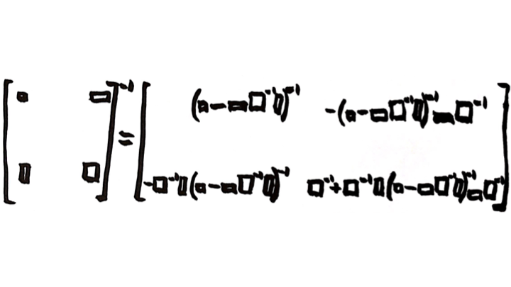 The Partitioned-Matrix Inversion Formula. This image first appeared in the the post “ The Partitioned Matrix Inversion Formula .” Image created by Miles Spencer Kimball. I hereby give permission to use this image for anything whatsoever, as long as that use includes a link to this blog. For example, t-shirts with this picture (among other things) and supplysideliberal.com on them would be great! :) Here is a link to the Wikipedia article “Block Matrix,” which talks about the partitioned matrix inversion formula.