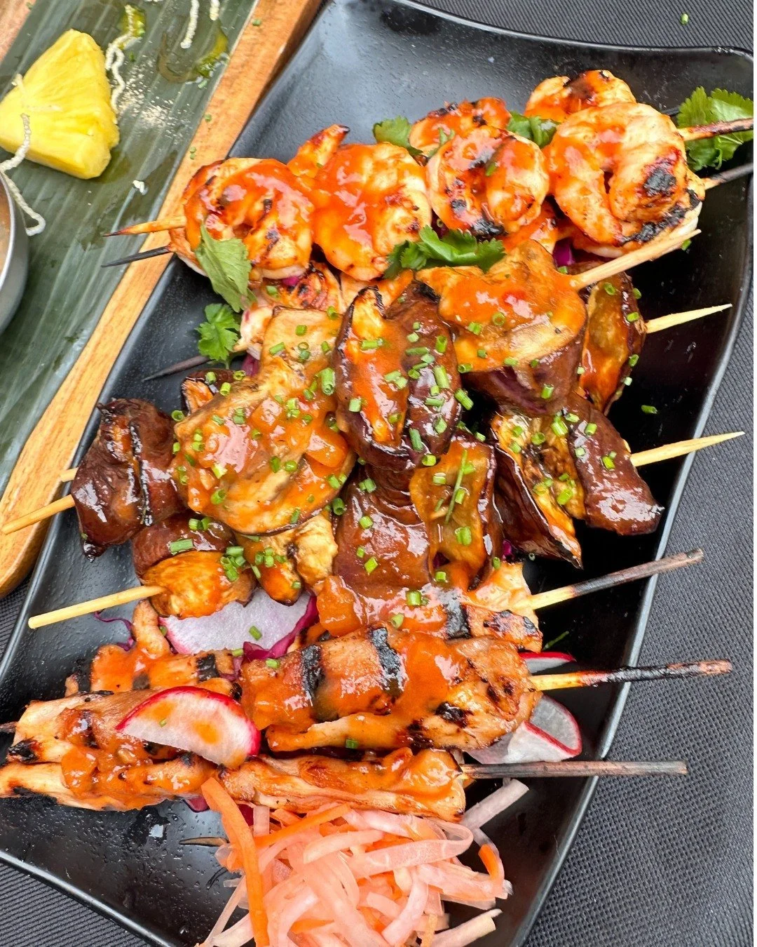 Mix and Match Sticks!  Filipino BBQ with our Signature Pineapple Island Sauce. Chicken, Shrimp, and Eggpant. 😍🍍🔥