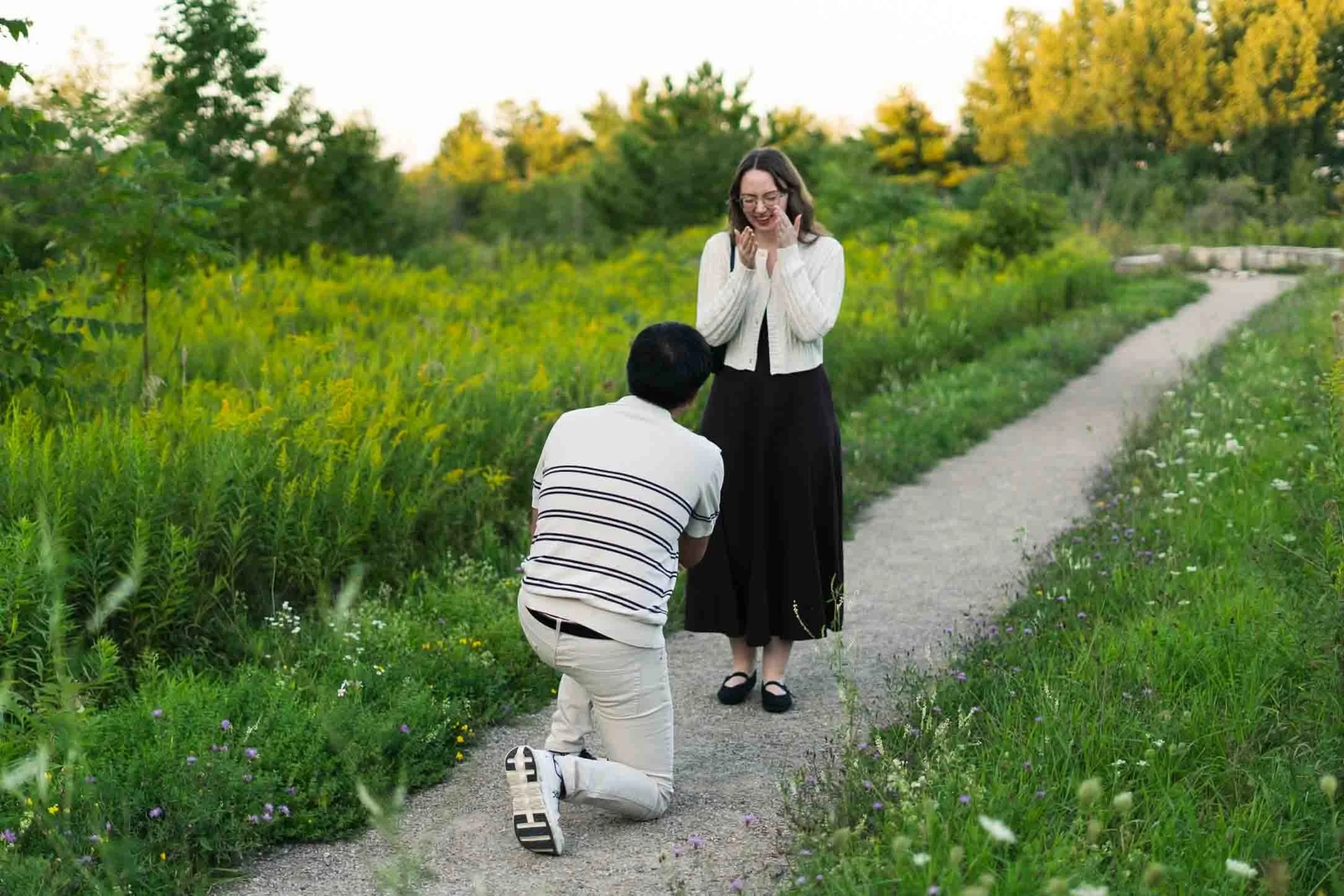 Surprise proposal during golden hour at huron natural area in Kitchener Ontario.