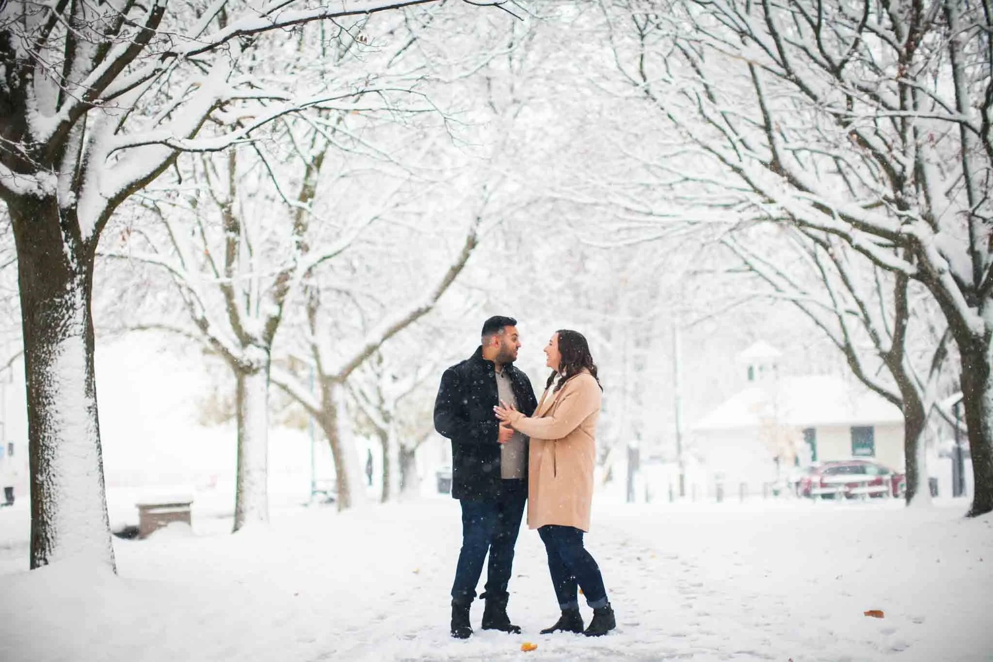 Winter engagement photoshoot at Woodbine in Toronto Ontario.