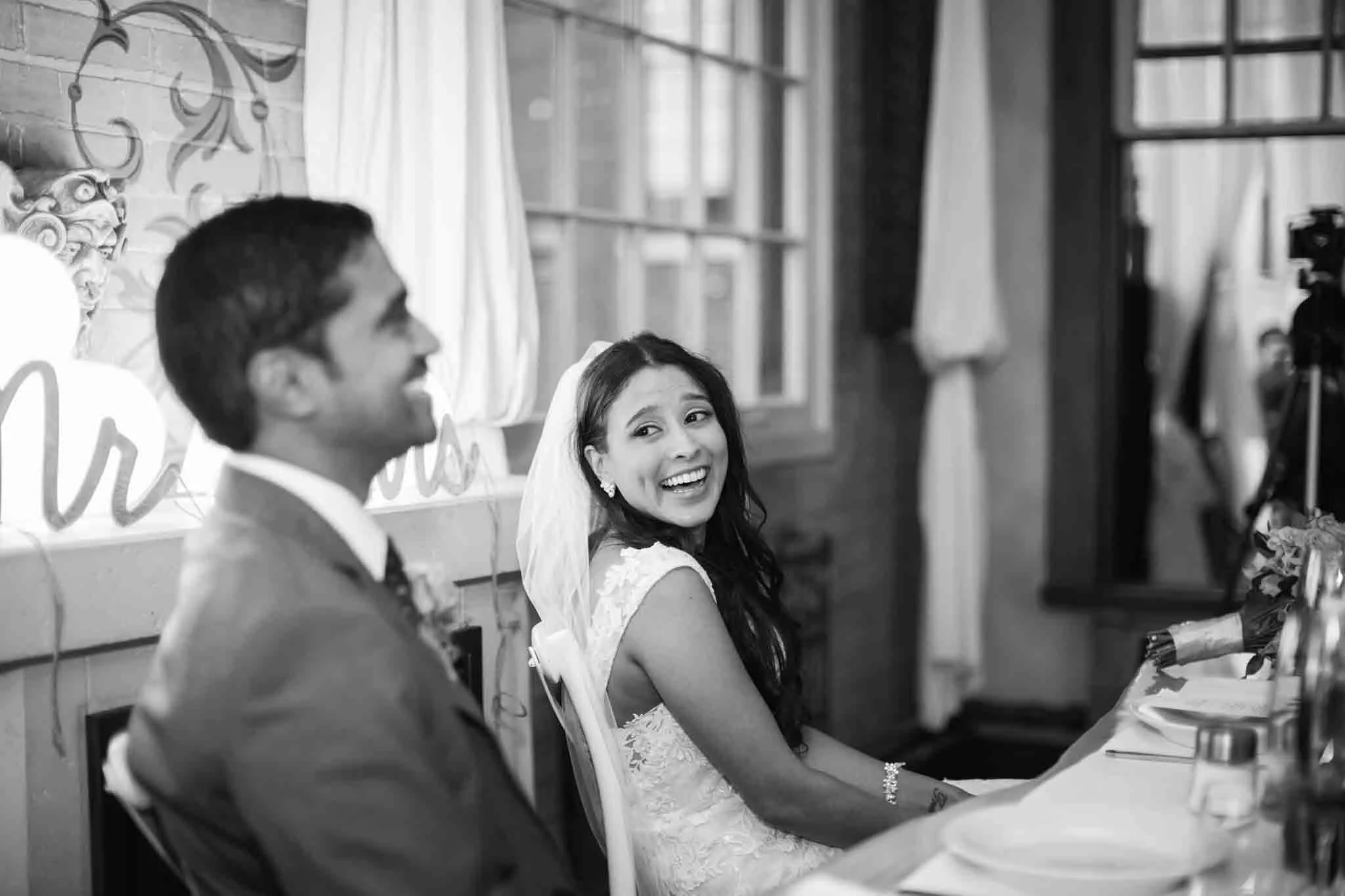 black and white photo of bride and groom on their wedding day in mississauga ontarioi