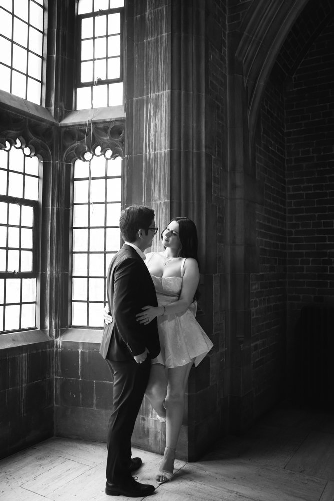 Black and White Engagement Photos at Hart House, University of Toronto