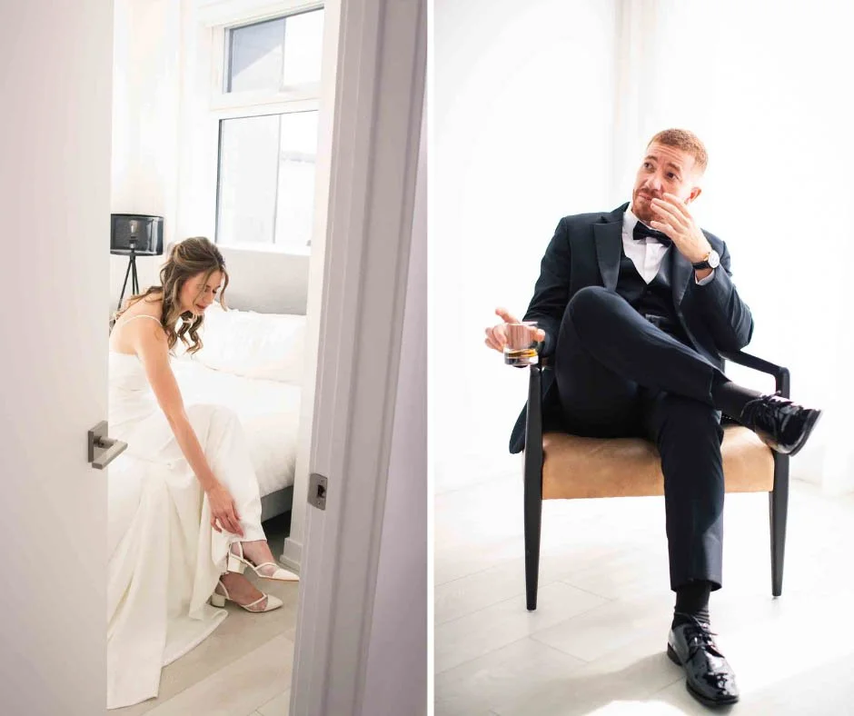 Bride and groom in their hotel rooms getting ready before wedding.