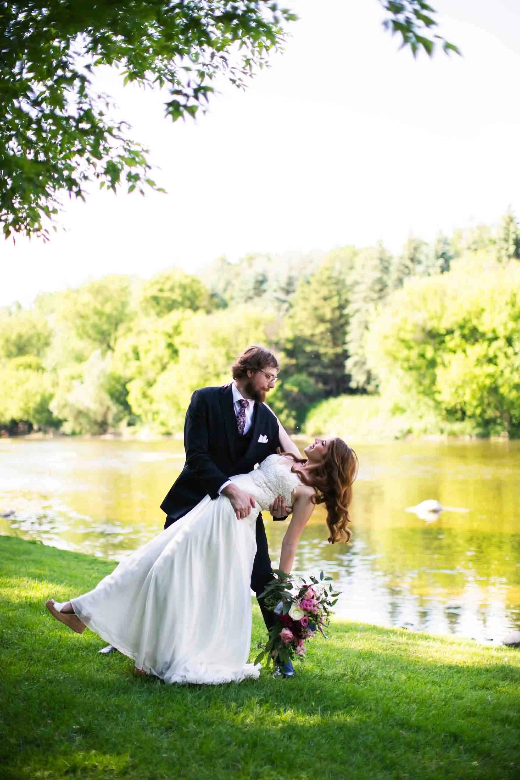 Bride and groom portraits near Hauser Hall