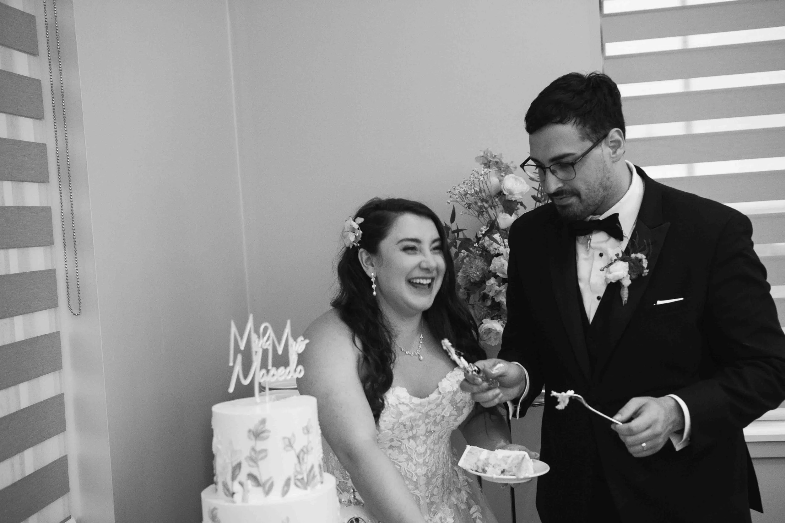 Black and White Wedding Cake with Flower Petal Decor Cambridge Ontario