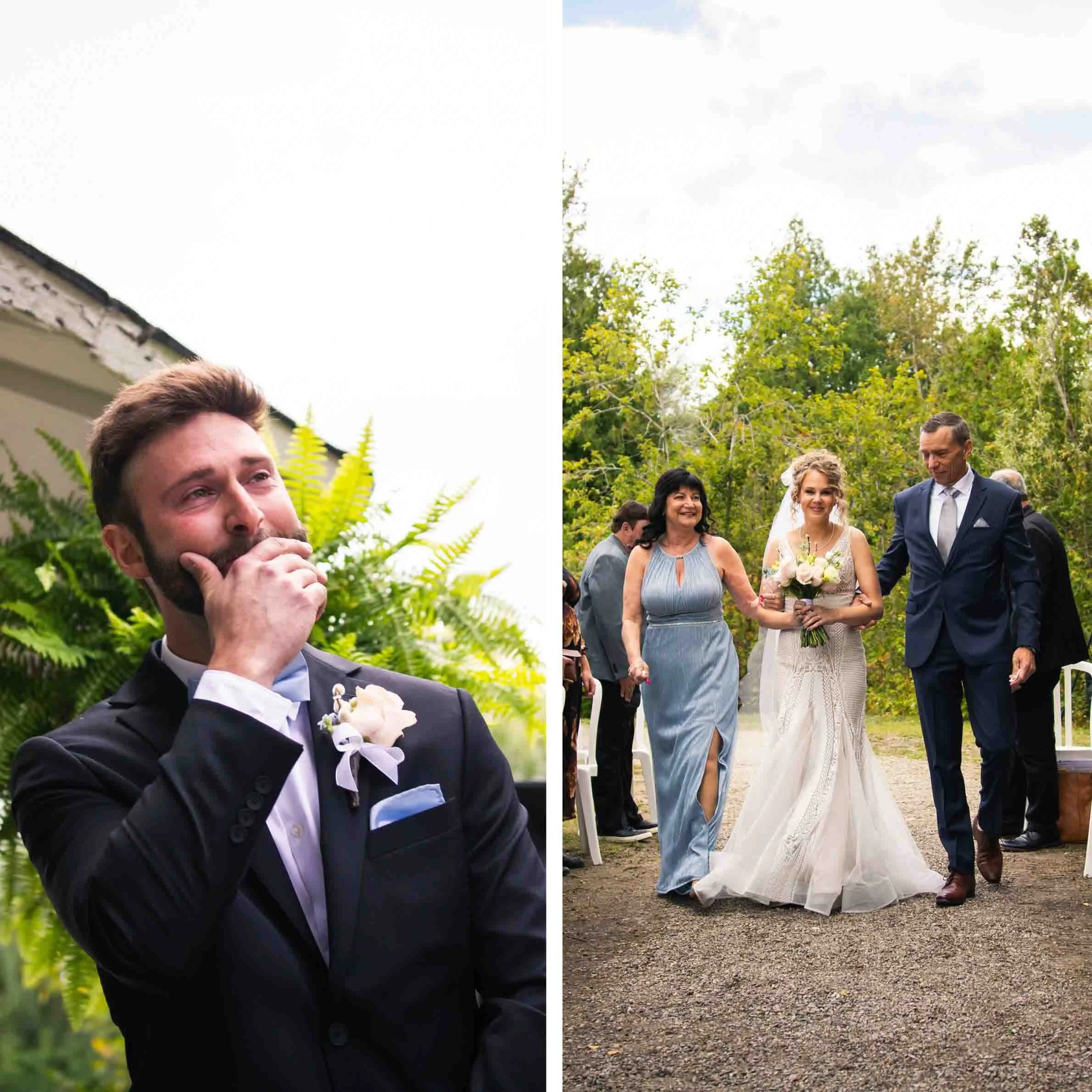 Groom reaction of the bride walking down the aisle, wedding photography in Toronto.