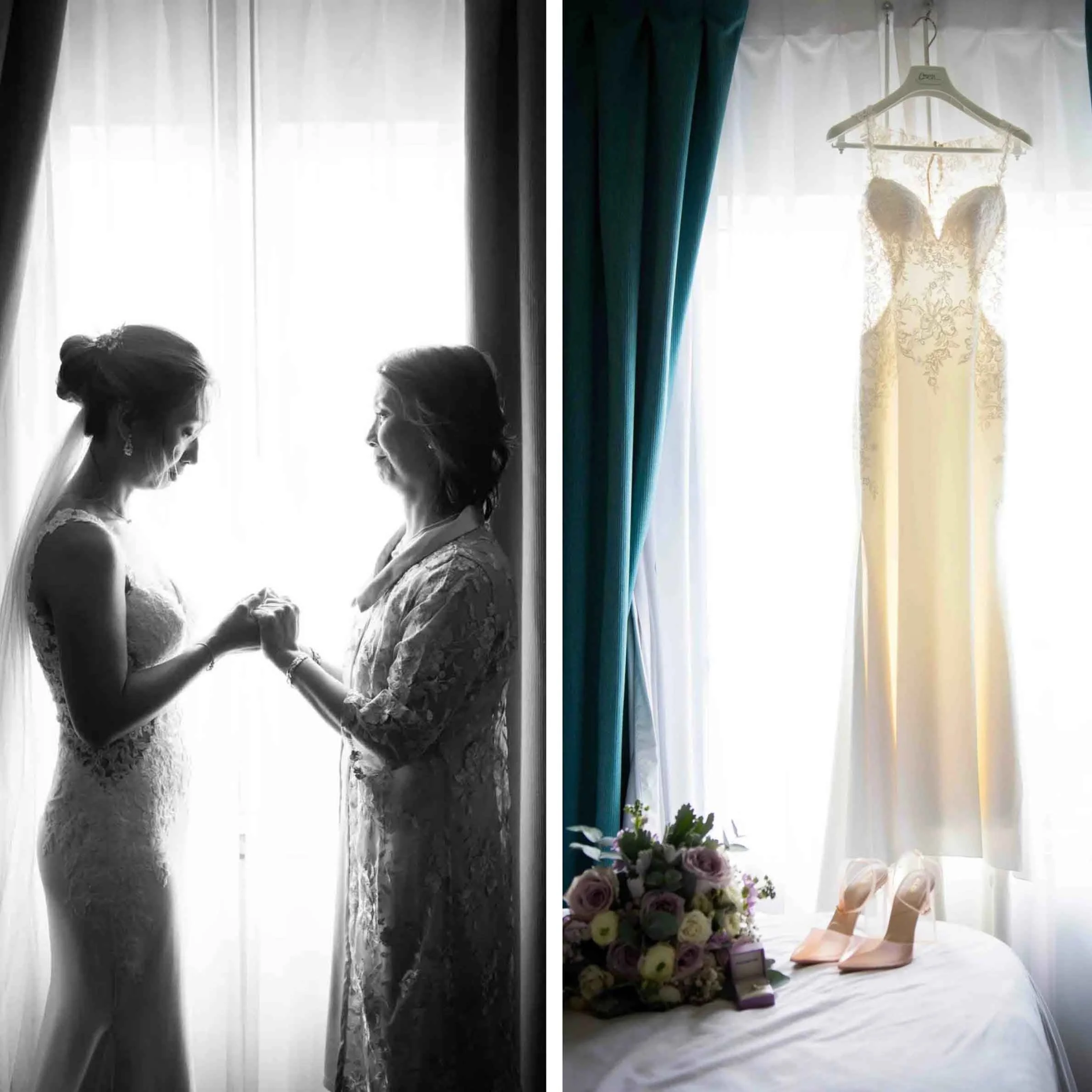 Bride getting ready moment with the mother of the bride.