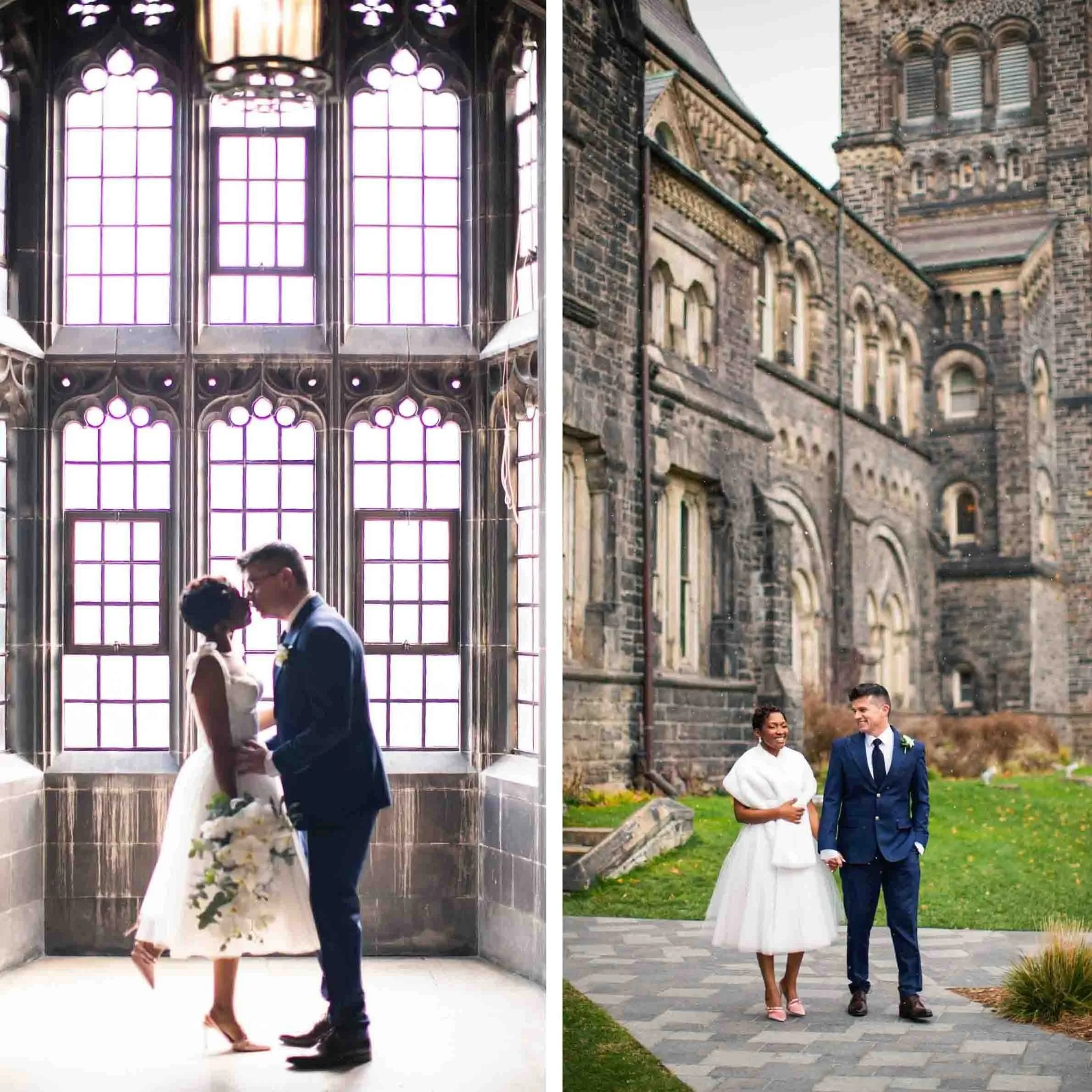 Wedding Photoshoot of bride and groom around Hart House University of Toronto.