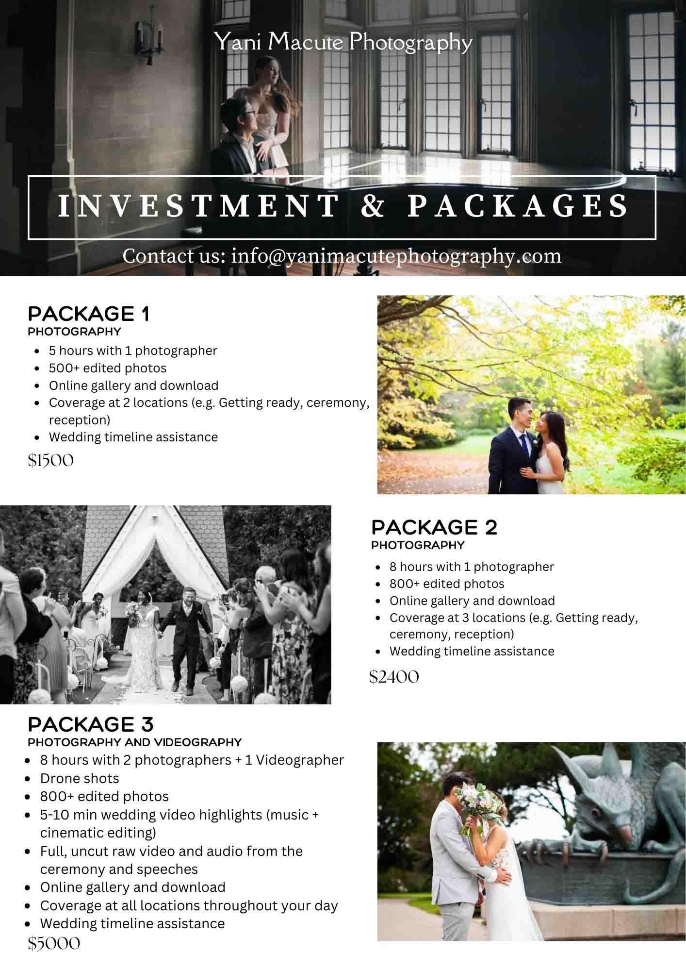 Yani Macute Photography wedding packages in Ontario including photography and videography options, full-day coverage, online gallery, and drone shots.