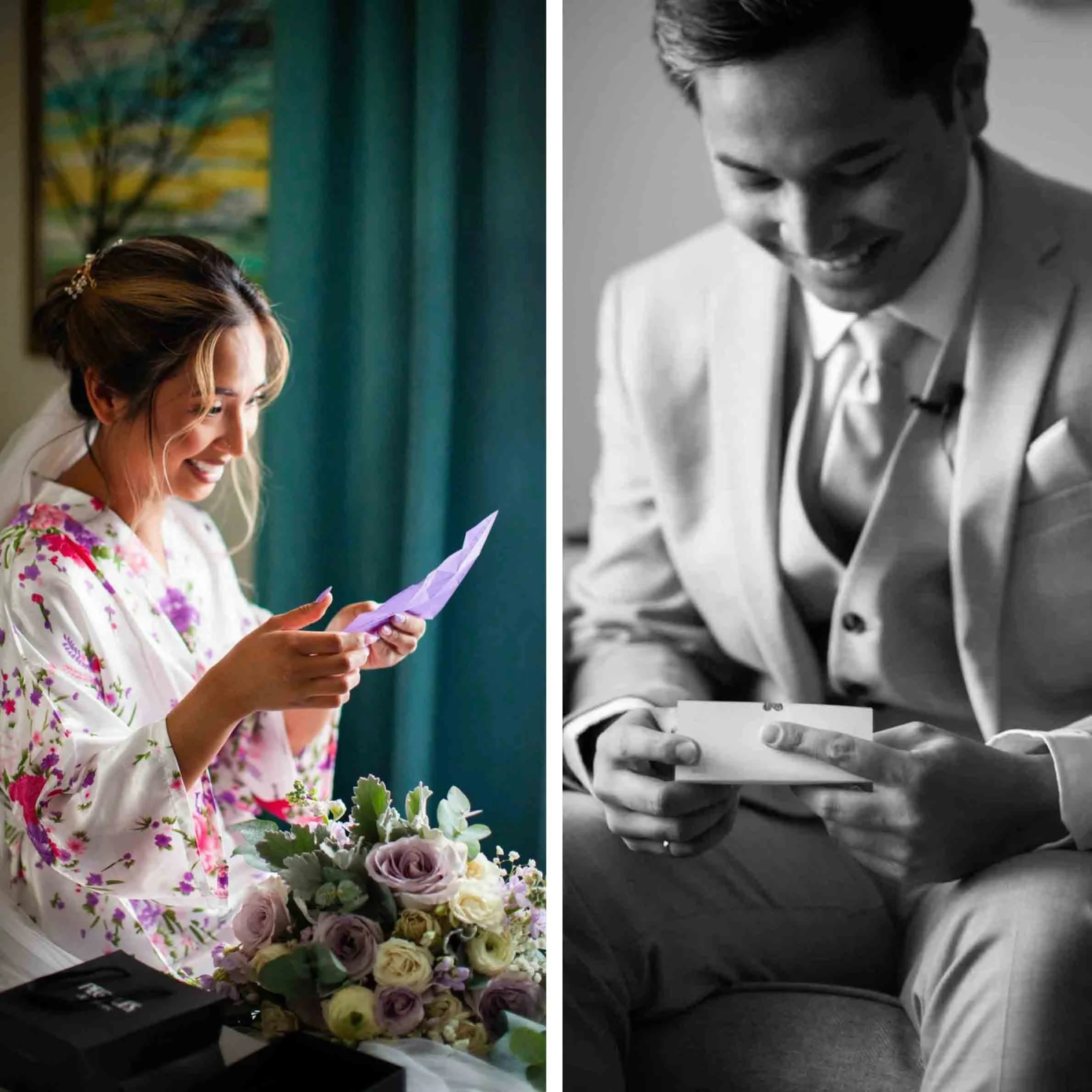 Bride and groom reading letters to each other on their wedding day in Guelph Ontario.