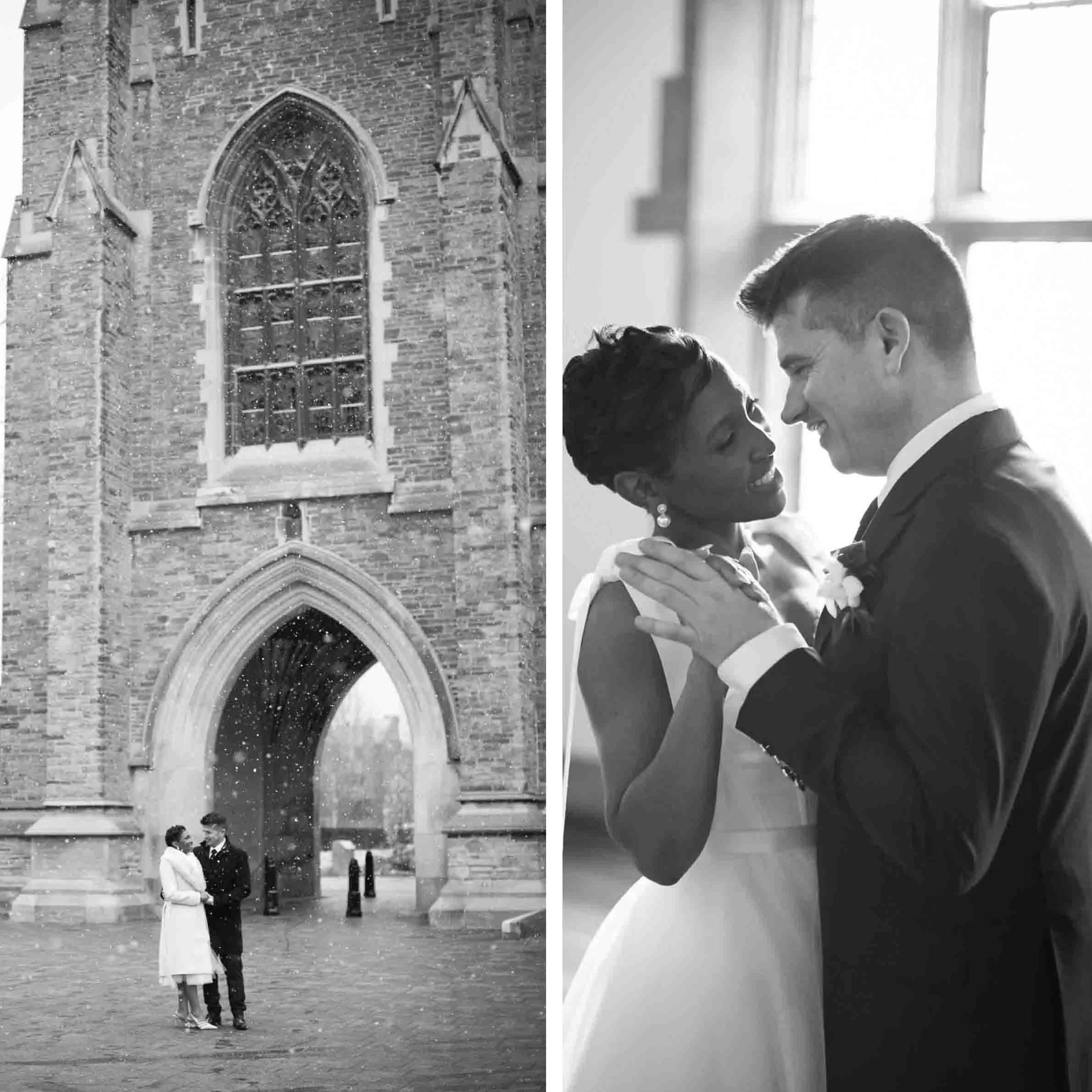 Black and white photos of bride and groom during their wedding photoshoot at Hart House, University of Toronto.