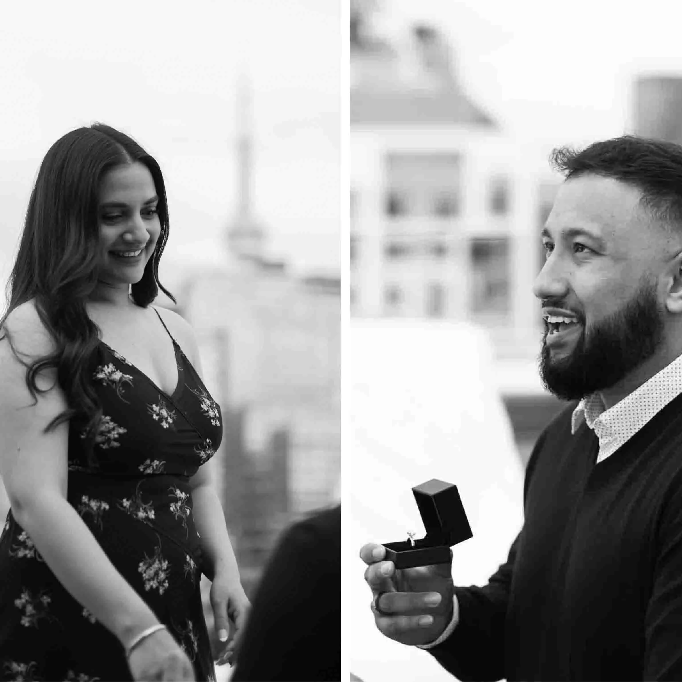 Surprise proposal engagement photography at a rooftop in downtown Toronto