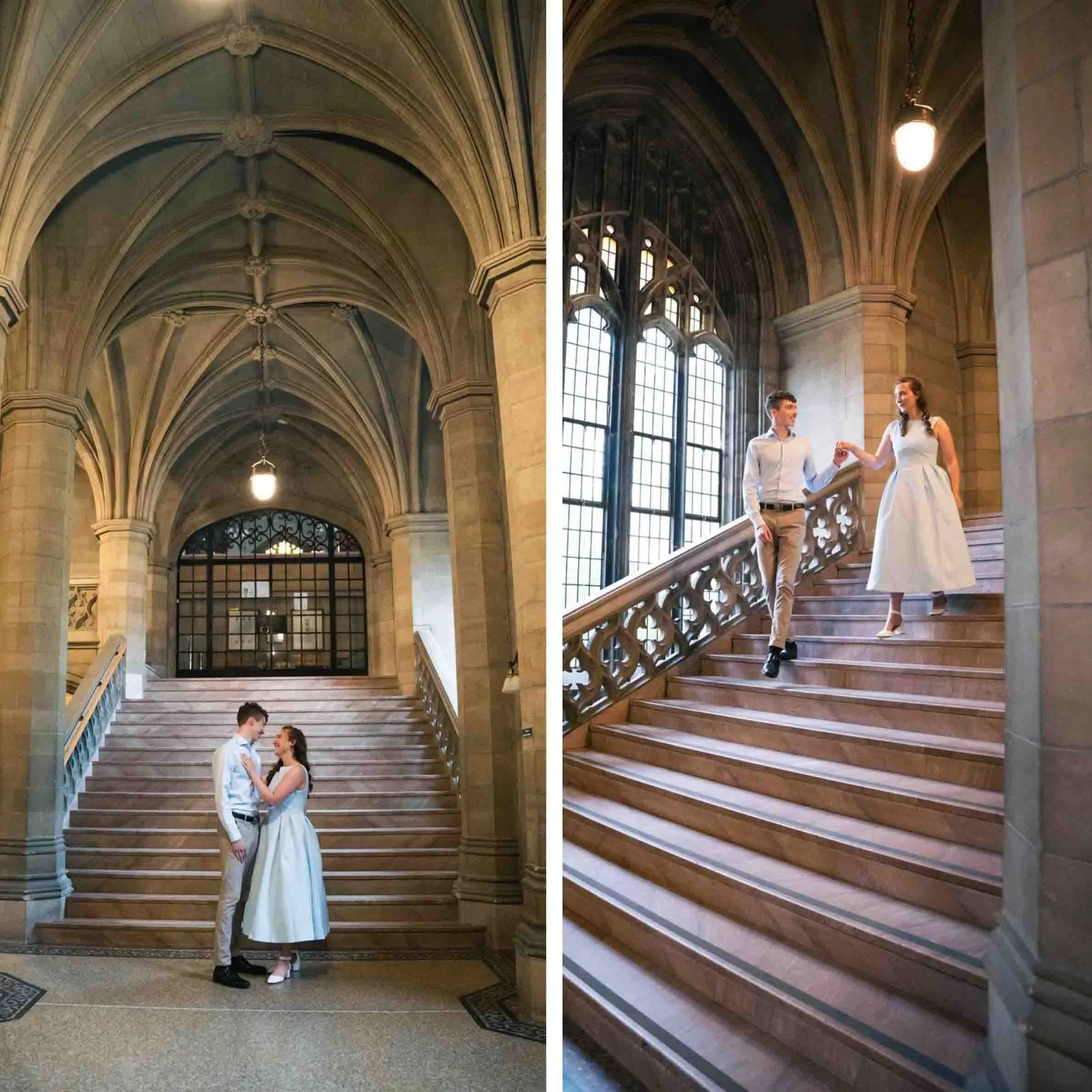 couple posing by the grand stairs at Knox College in Toronto for their engagement photoshoot