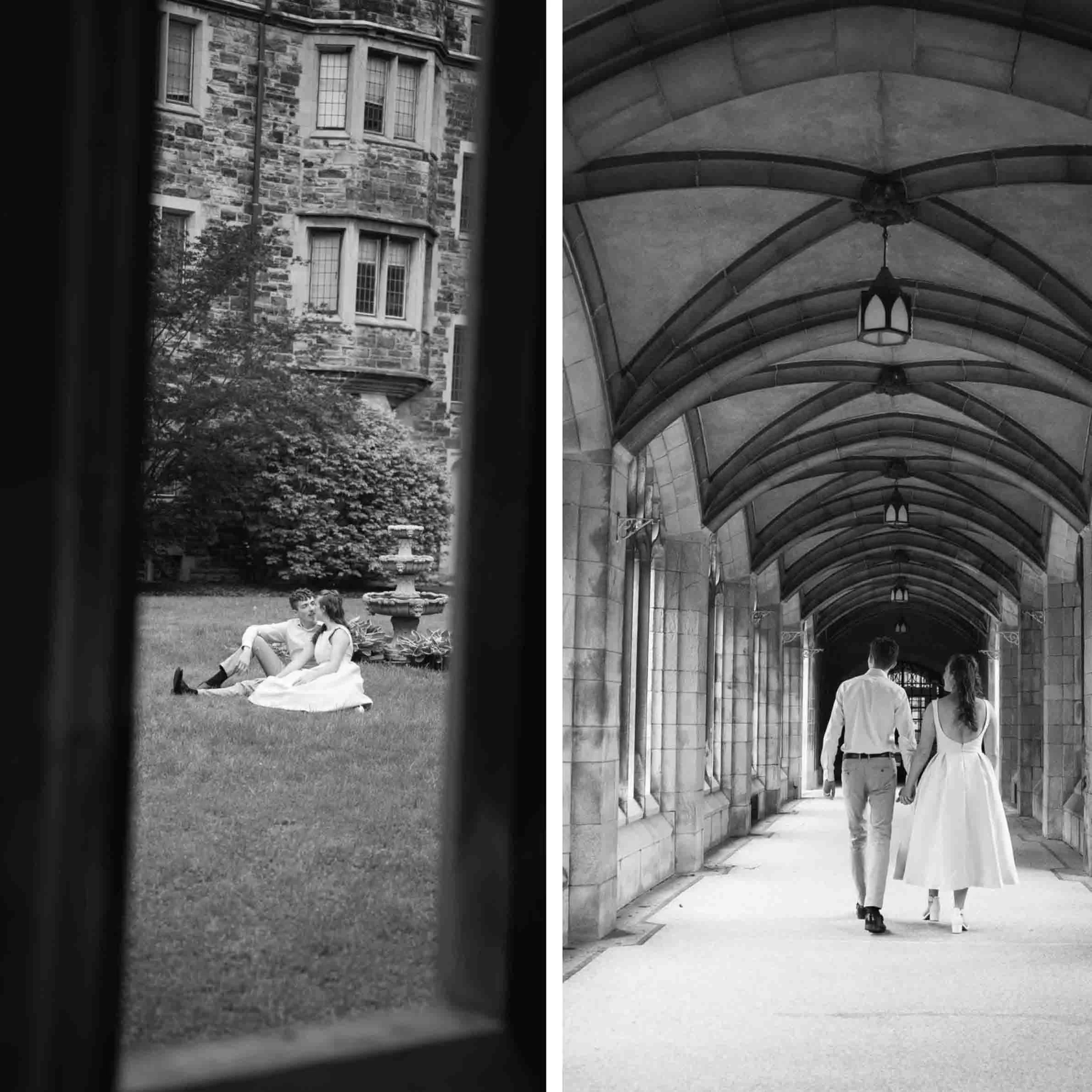 black and white engagement photoshoot at knox college in toronto ontario