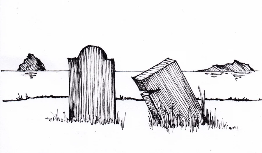 Line drawing of gravestones by the sea
