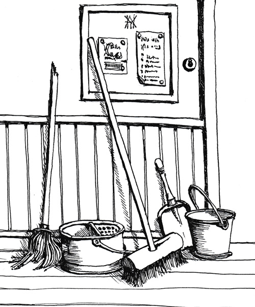 Line drawing of youth hostel cleaning equipment